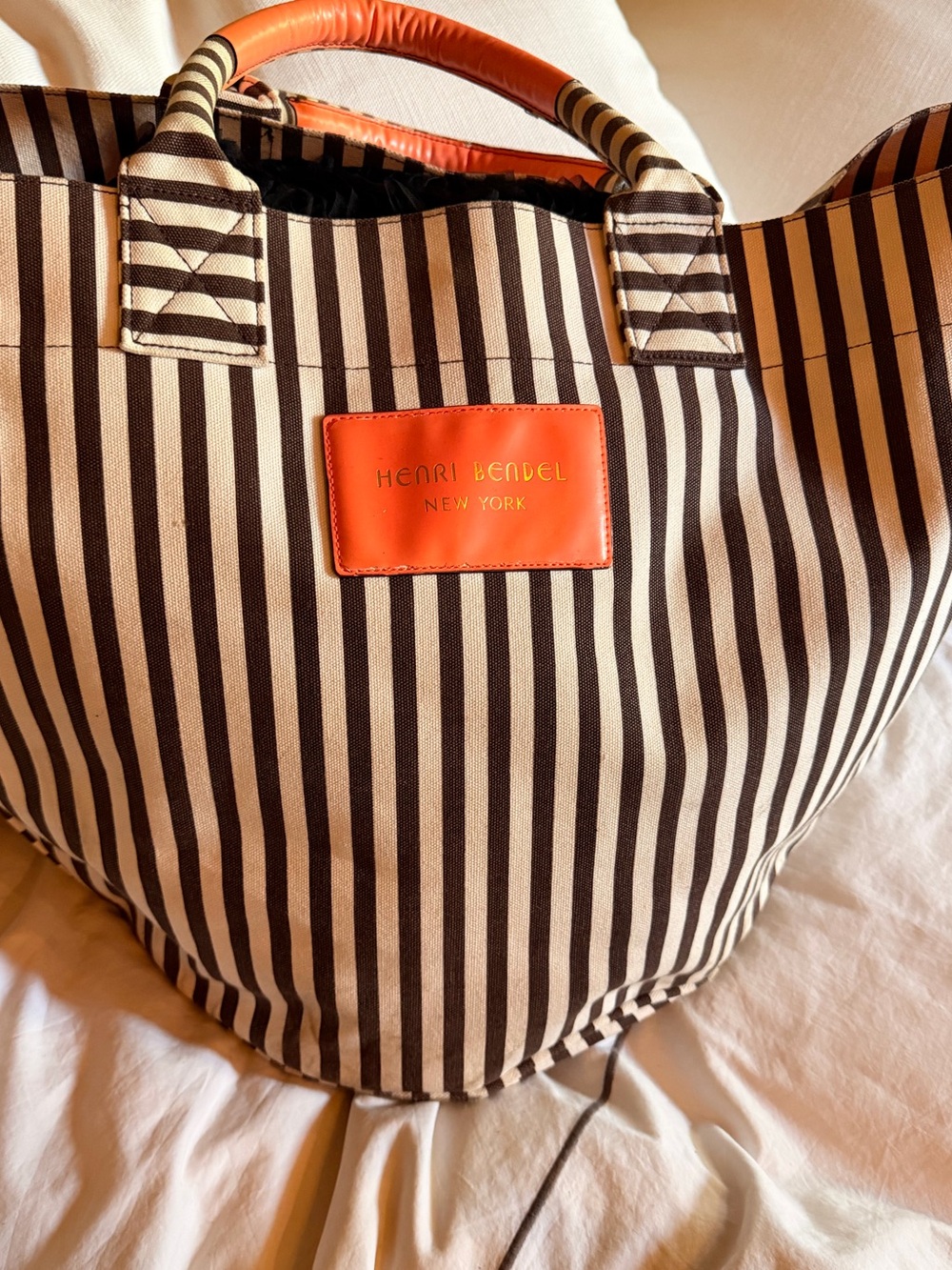 Henri Bendel Brown and Cream Striped Tote with Orange Accent